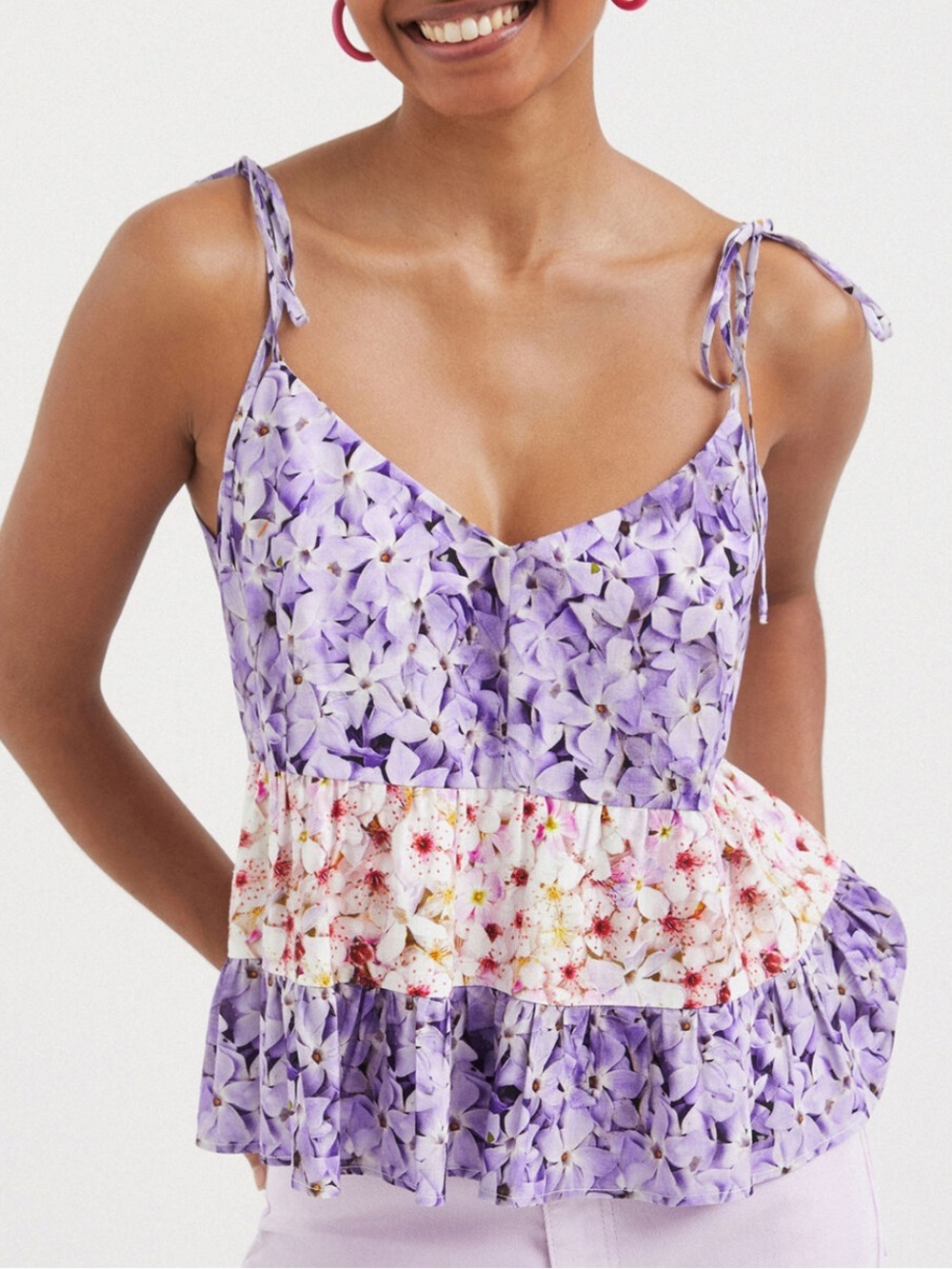 Desigual Lavender Viscose Floral Tie-Strap tank top with White-Pink Band